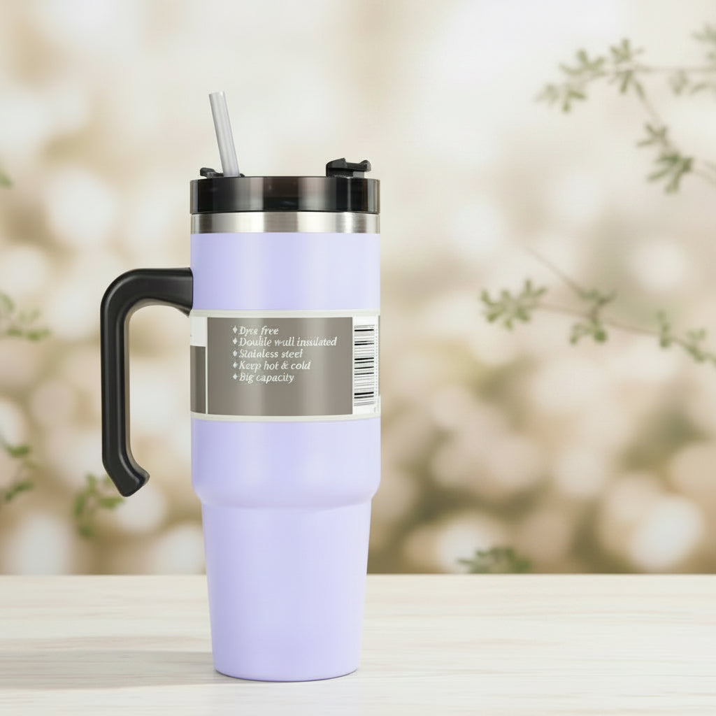 Insulated Travel Mug with Handle & Straw