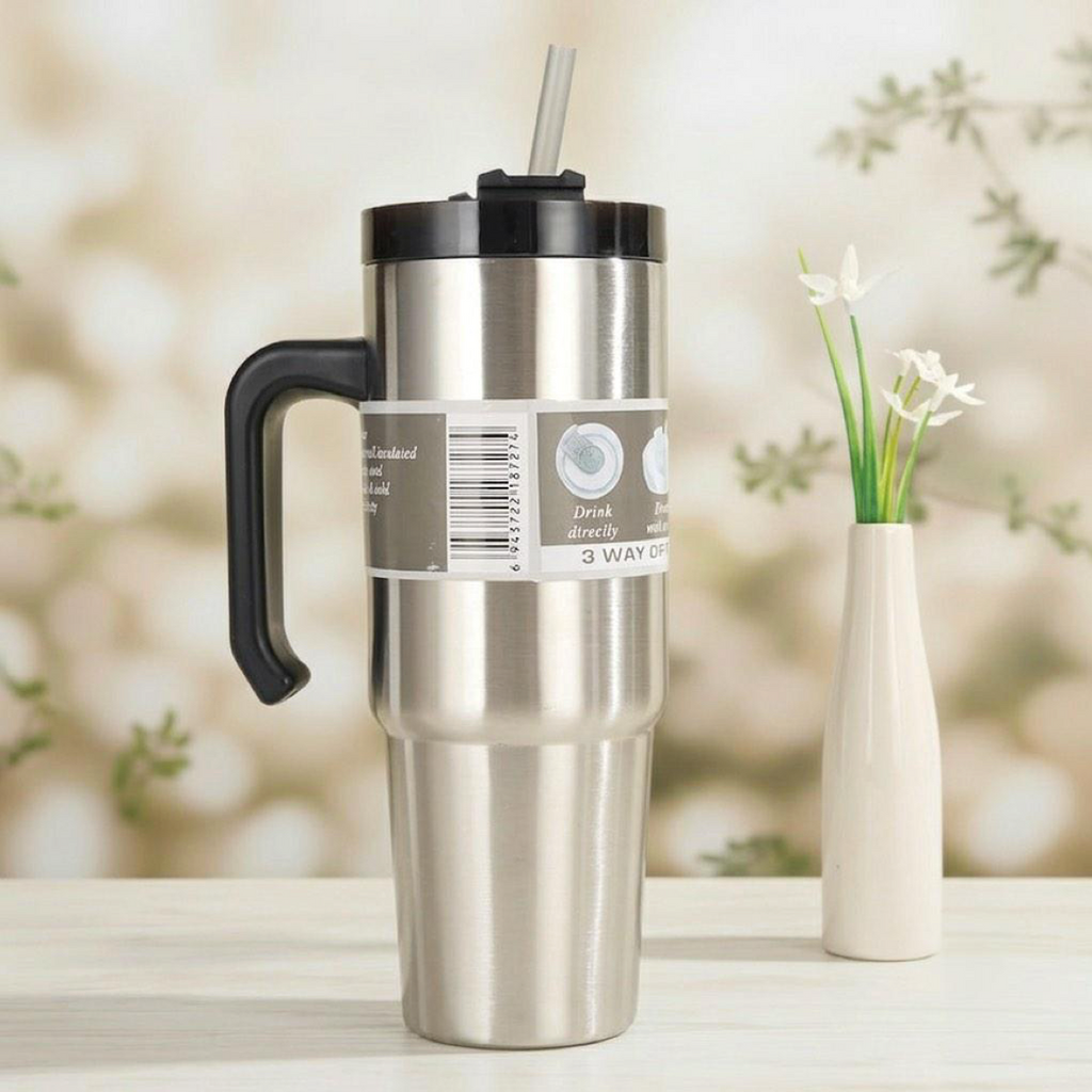 Insulated Travel Mug with Handle & Straw
