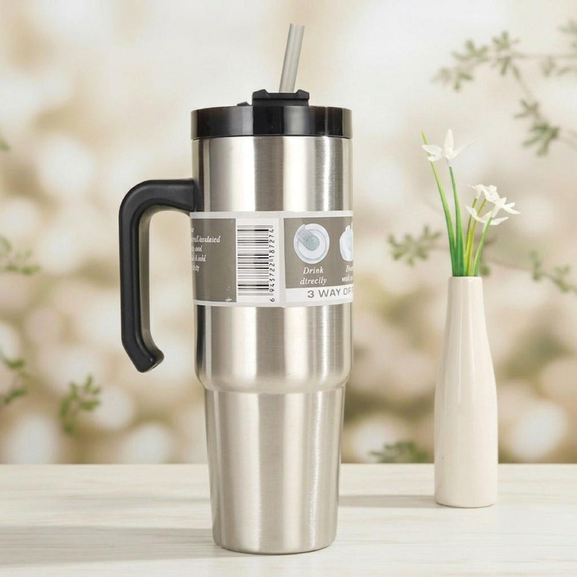 Insulated Travel Mug with Handle & Straw