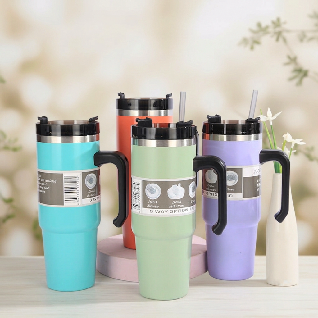 Insulated Travel Mug with Handle & Straw
