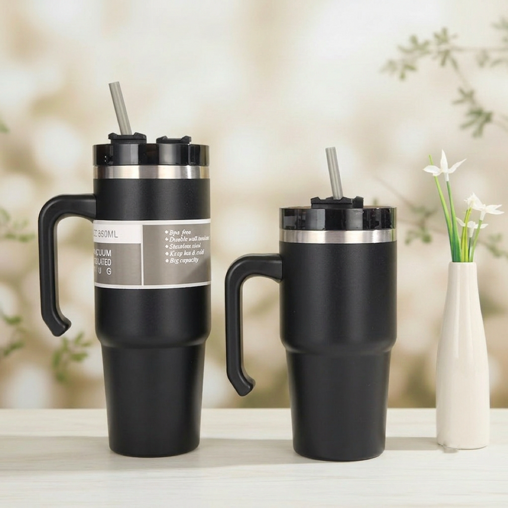 Insulated Travel Mug with Handle & Straw