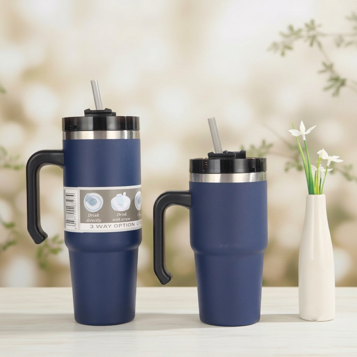 Insulated Travel Mug with Handle & Straw